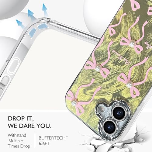 VONZEE Compatible with iPhone 17 6.3'' Case Luxury Pink Girly Cute 3D Bow Pearl Glitter Bling Case with Full Camera Protection Shockproof PC+TPU Glossy Shiny Cover for Girls Women, Green - Image 5