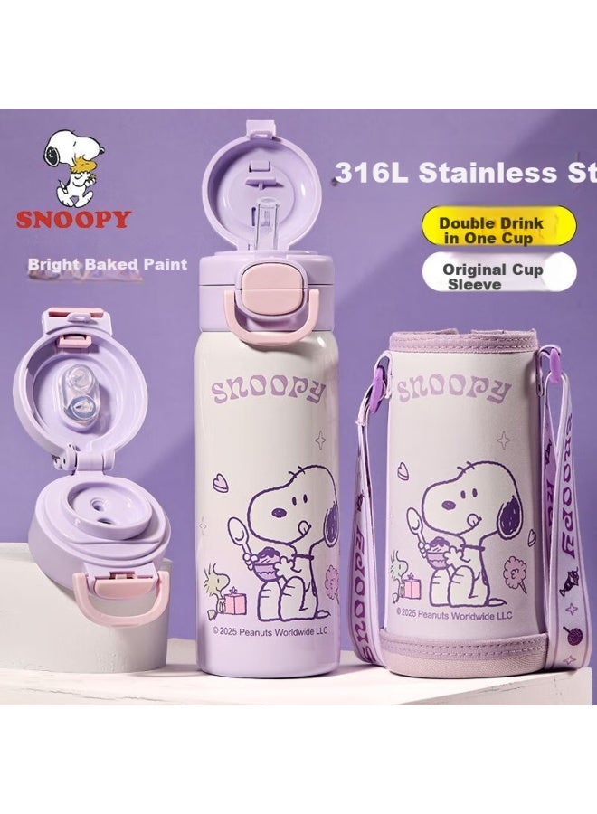 Snoopy 316L Stainless Steel Large Capacity Dual-Drinking Children'S Insulated Cup With Straw And Cup Sleeve For Boys And Girls, Elementary School Student Water Bottle - Image 1