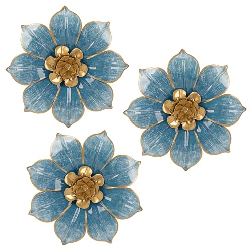 Villa Como Metal Flowers Wall Decor Blue and Gold Wall Art Hanging Decorations 3 Pc Rustic Modern Floral Sculpture Wall Accent Artwork Indoor Outdoor for Bathroom Bedroom Living Room Garden Patio Porch 10 Inch - Image 1