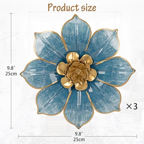 Villa Como Metal Flowers Wall Decor Blue and Gold Wall Art Hanging Decorations 3 Pc Rustic Modern Floral Sculpture Wall Accent Artwork Indoor Outdoor for Bathroom Bedroom Living Room Garden Patio Porch 10 Inch - Image 3