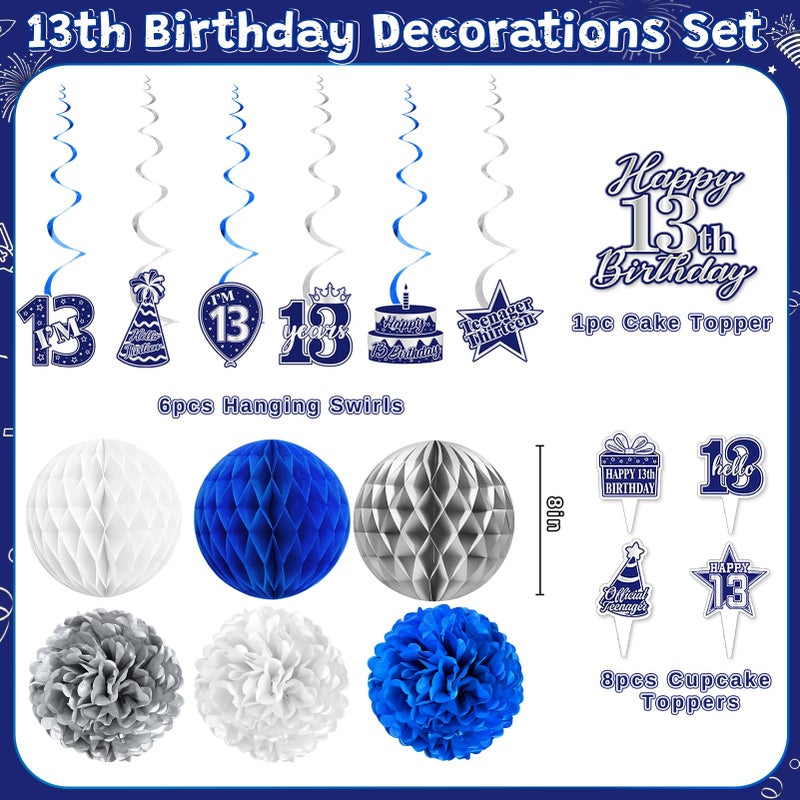 REDWORD 13th Birthday Decorations for Boys, 45Pcs Blue Silver Official Teenager Decorations Include Happy 13th Birthdays Backdrop Hanging Swirls 32inch 1 3 Foil Balloons for 13th Boy Girl Birthday Decor - Image 3