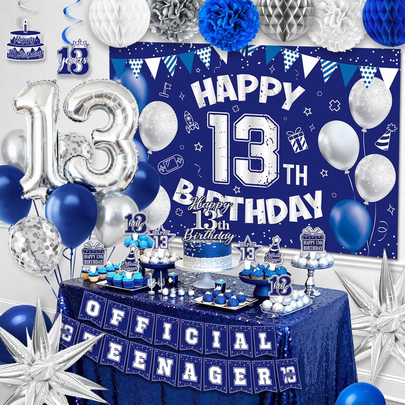 REDWORD 13th Birthday Decorations for Boys, 45Pcs Blue Silver Official Teenager Decorations Include Happy 13th Birthdays Backdrop Hanging Swirls 32inch 1 3 Foil Balloons for 13th Boy Girl Birthday Decor - Image 5