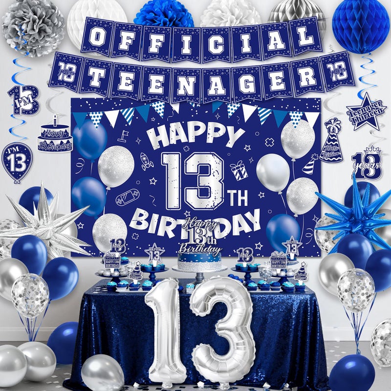 REDWORD 13th Birthday Decorations for Boys, 45Pcs Blue Silver Official Teenager Decorations Include Happy 13th Birthdays Backdrop Hanging Swirls 32inch 1 3 Foil Balloons for 13th Boy Girl Birthday Decor - Image 1