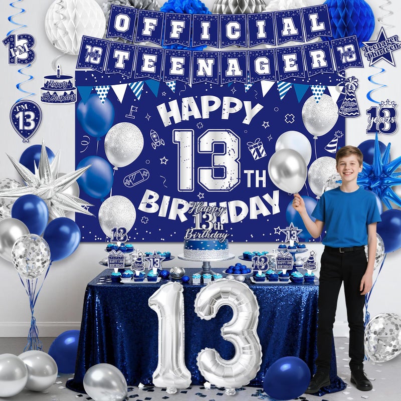 REDWORD 13th Birthday Decorations for Boys, 45Pcs Blue Silver Official Teenager Decorations Include Happy 13th Birthdays Backdrop Hanging Swirls 32inch 1 3 Foil Balloons for 13th Boy Girl Birthday Decor - Image 4