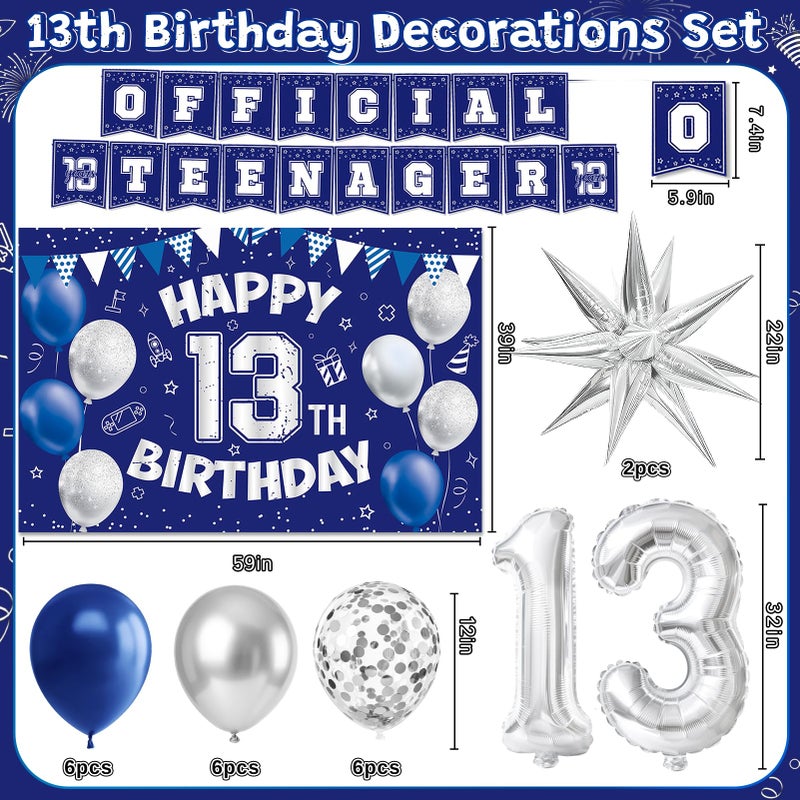 REDWORD 13th Birthday Decorations for Boys, 45Pcs Blue Silver Official Teenager Decorations Include Happy 13th Birthdays Backdrop Hanging Swirls 32inch 1 3 Foil Balloons for 13th Boy Girl Birthday Decor - Image 2