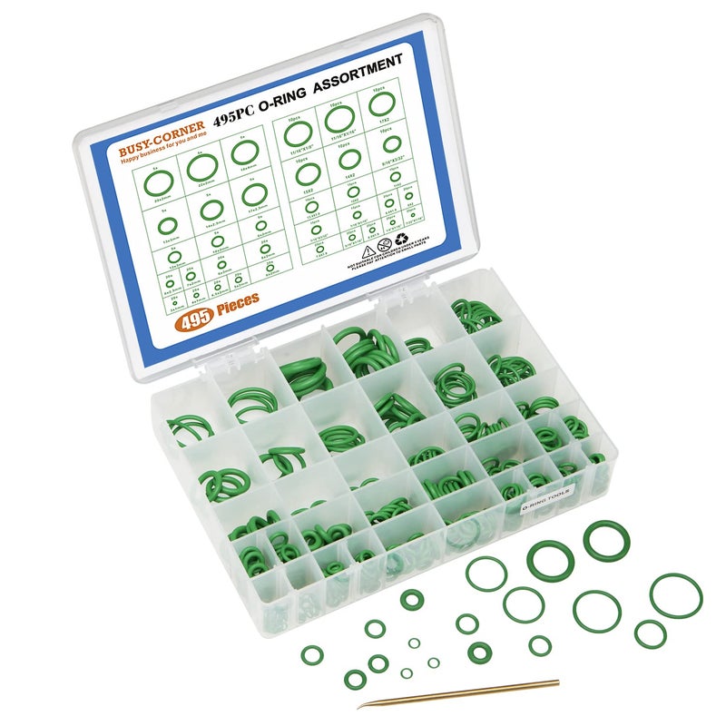 BUSY-CORNER 495 Pieces SAE Metric O Ring Kit with O-Ring Pick & Installation Tools Rubber Washer Orings for A/C Professional Plumbing Automotive(Green Green) - Image 2