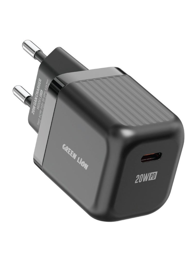 GREEN LION Ultra Compact GaN Wall Charger EU Pin USB-C PD 20W/Charging Protection / Travel Friendly / Secure Charger for Home & Office - Black - Image 1