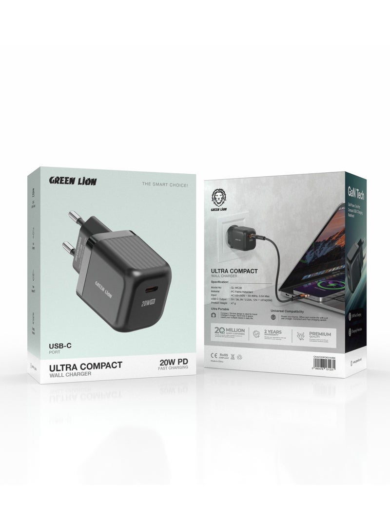 GREEN LION Ultra Compact GaN Wall Charger EU Pin USB-C PD 20W/Charging Protection / Travel Friendly / Secure Charger for Home & Office - Black - Image 3