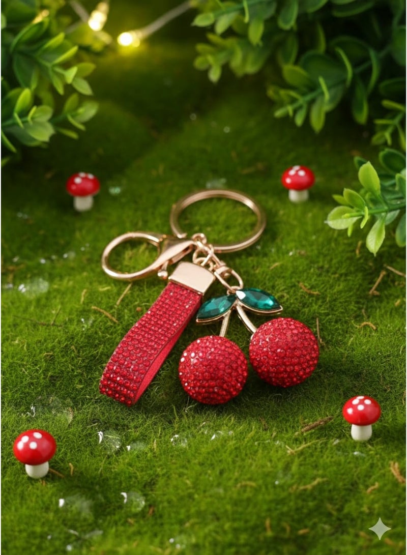 ميدالية "كريستال تشيري" الفاخرة - تعليقة حقيبة مرصعة بالفصوص اللامعة بتصميم حبات الكرز، ذهبي وردي وأحمر ملكي - Image 3