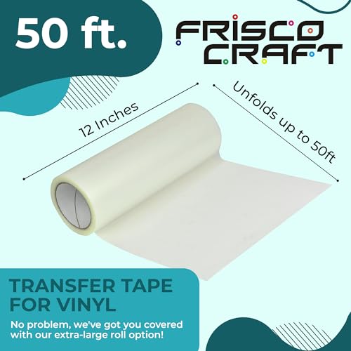 Frisco Craft شريط نقل شفاف من فريسكو كرافت لفينيل رول - شريط تطبيق مسطح، كريكت وسيلويت، ورق نقل متوسط اللصق للملصقات، الملصقات، ورق لاصق شفاف للفينيل الدائم 12 بوصة × 50 قدم - Image 2