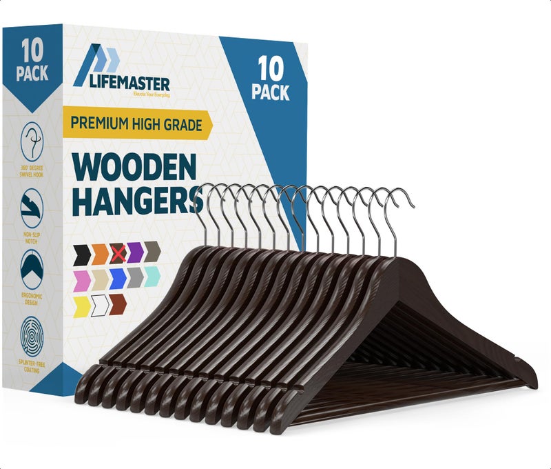 Lifemaster Wooden Clothes Hangers â€“ with 360 Degree Swivel Hook and Non-Slip Shoulder Notch, Holds Up to 10 lbs, Pants Bar Design, for Organizing Suit, Dress, Coat, and Clothes, Pack of 10, Brown - Image 1