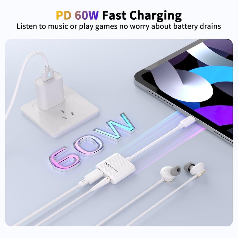 USB C to 3.5mm Audio Adapter  Charger 2 in 1 USB C to Aux Headphone Dongle with 60W PD Fast Charging Compatible with iPhone 16/16 Pro/15/15 Pro Max Galaxy S24/S23/S22/S23FE Pixel 8/7 iPad - Image 5