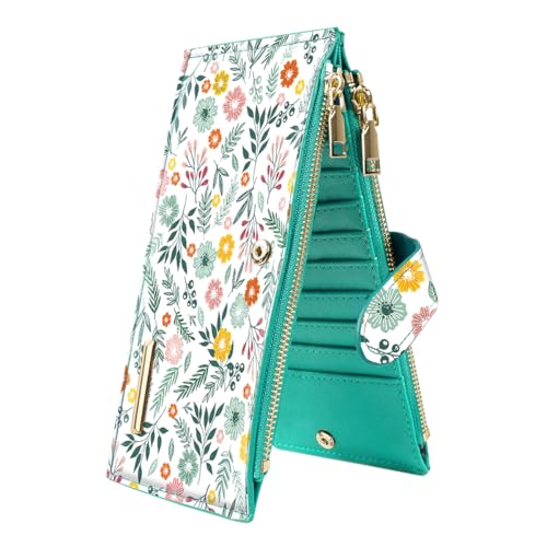 Coco Rossi Womens RFID Blocking Large Capacity Wallet Multi Card Organizer Bifold Wallet for Women with Zipper Pocket，Green Daisy - Image 1