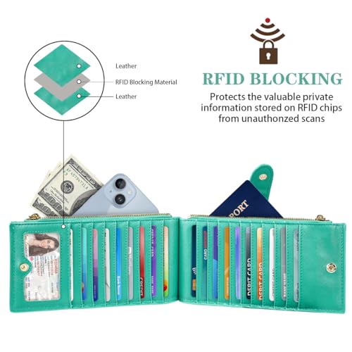 Coco Rossi Womens RFID Blocking Large Capacity Wallet Multi Card Organizer Bifold Wallet for Women with Zipper Pocket，Green Daisy - Image 2