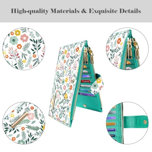 Coco Rossi Womens RFID Blocking Large Capacity Wallet Multi Card Organizer Bifold Wallet for Women with Zipper Pocket，Green Daisy - Image 4