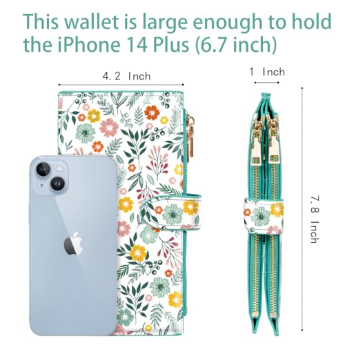 Coco Rossi Womens RFID Blocking Large Capacity Wallet Multi Card Organizer Bifold Wallet for Women with Zipper Pocket，Green Daisy - Image 3