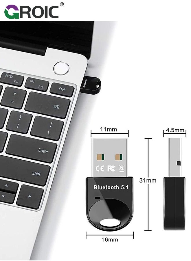 GROIC - Black USB Bluetooth Adapter 5.1 for Desktop PC, Plug & Play Mini Bluetooth EDR Dongle Receiver & Transmitter for Laptop Computer Bluetooth Headphones Keyboard Mouse Speakers Printer Windows 11/10/8.1 - Image 1