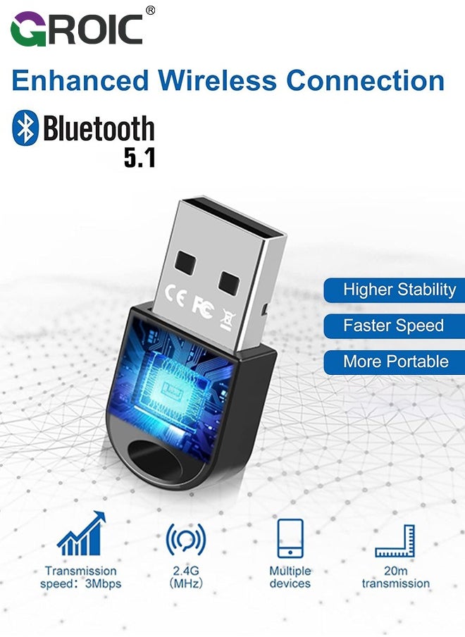 GROIC - Black USB Bluetooth Adapter 5.1 for Desktop PC, Plug & Play Mini Bluetooth EDR Dongle Receiver & Transmitter for Laptop Computer Bluetooth Headphones Keyboard Mouse Speakers Printer Windows 11/10/8.1 - Image 1