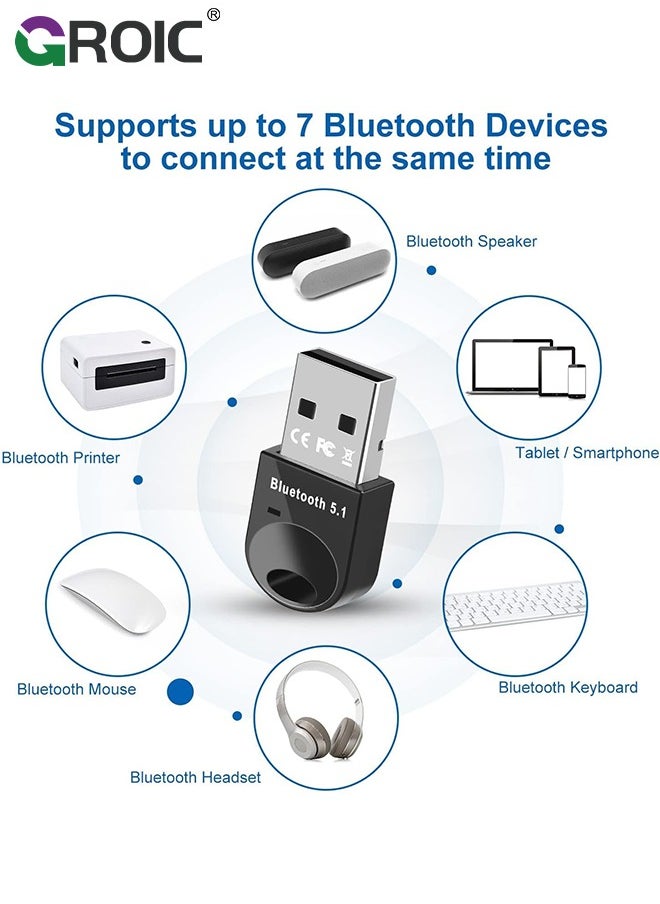 GROIC - Black USB Bluetooth Adapter 5.1 for Desktop PC, Plug & Play Mini Bluetooth EDR Dongle Receiver & Transmitter for Laptop Computer Bluetooth Headphones Keyboard Mouse Speakers Printer Windows 11/10/8.1 - Image 1
