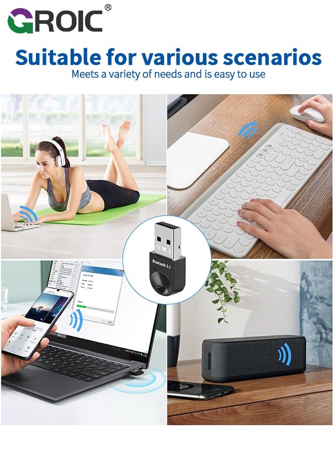 GROIC - Black USB Bluetooth Adapter 5.1 for Desktop PC, Plug & Play Mini Bluetooth EDR Dongle Receiver & Transmitter for Laptop Computer Bluetooth Headphones Keyboard Mouse Speakers Printer Windows 11/10/8.1 - Image 1
