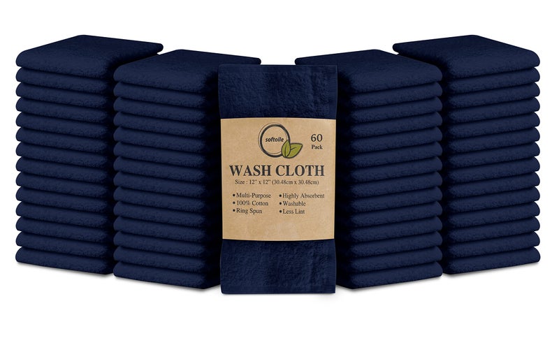 Softolle 100 Cotton Washcloths 24 Pack 12x12 Inches Soft Highly Absorbent Washcloth Face Towels Wash Cloths for Face Ring Spun Bulk Pack Navy Blue