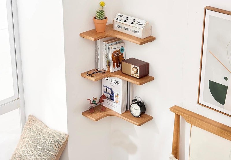 Runam Woods LShaped Floating Corner Wall Shelf for Kitchen Bathroom Living Room and Bedroom Solid Wood Shelf for Wall Decore and Storage Set of 1 - Image 4