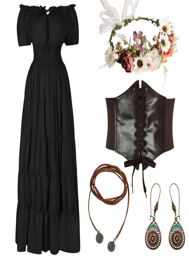 HSDOU 5 Pcs Renaissance Medieval Costume Dress Women Fairy Dress Peasant Cottagecore Dress 1700s Victorian Fantasy Fairy Costume(Z3768BK,S) - Image 1