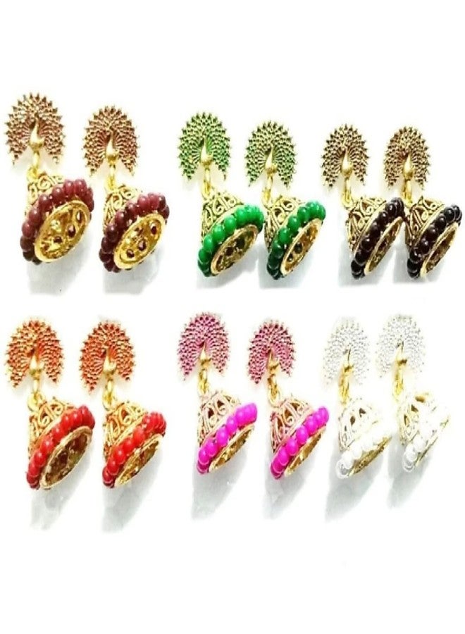 MONKDECOR Beautiful Combo Set Of 6 Pair Small Jhumkis For Girls and Women.(Design-Khila Morr) - Image 1
