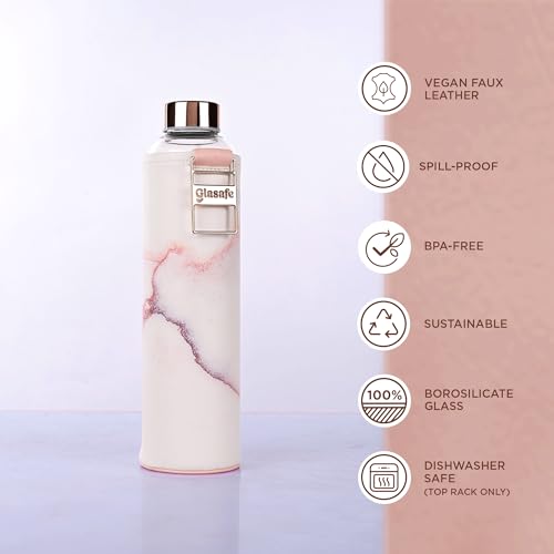 GLASAFE Glass Water Bottle w/t Protective Vegan Leather Cover | Glass Water Bottle For Girls | Wide Mouth | Spill-Proof Cap | Refrigerator Safe | 750ml (Coral Peach) - Image 3