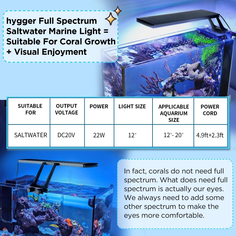 hygger Clip On 24/7 Saltwater Aquarium LED Light, 22W Sunrise-Daylight-Moonlight Mode and DIY Mode, Adjustable Timer Adjustable Brightness Fish Tank Light with 7 Colors for Coral Marine Tank - Image 2