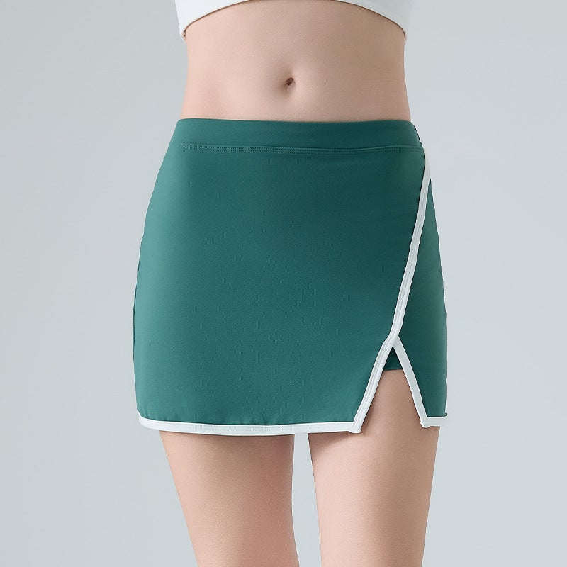 Generic Cross-border Color-blocking Anti-glare Sports Shorts Womens High Waist Tennis Skirt Cloud Sense Running Fitness A- line Yoga Dress Emerald green