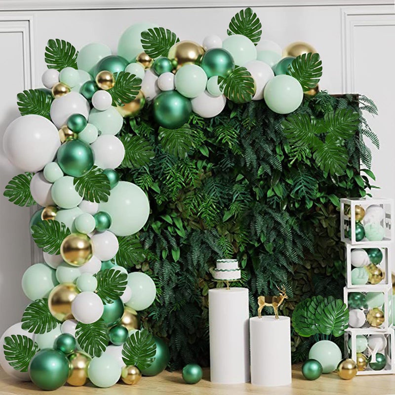 XONOR 100Pcs Artificial Monstera Leaves Fake Tropical Faux Palm Leaves with Stem for Jungle Hawaiian Dinosaur Luau Party Table Decoration Wedding Birthday Theme Party, Leaf Size: 7''x 5'' - Image 5