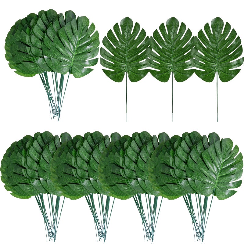 XONOR 100Pcs Artificial Monstera Leaves Fake Tropical Faux Palm Leaves with Stem for Jungle Hawaiian Dinosaur Luau Party Table Decoration Wedding Birthday Theme Party, Leaf Size: 7''x 5'' - Image 1