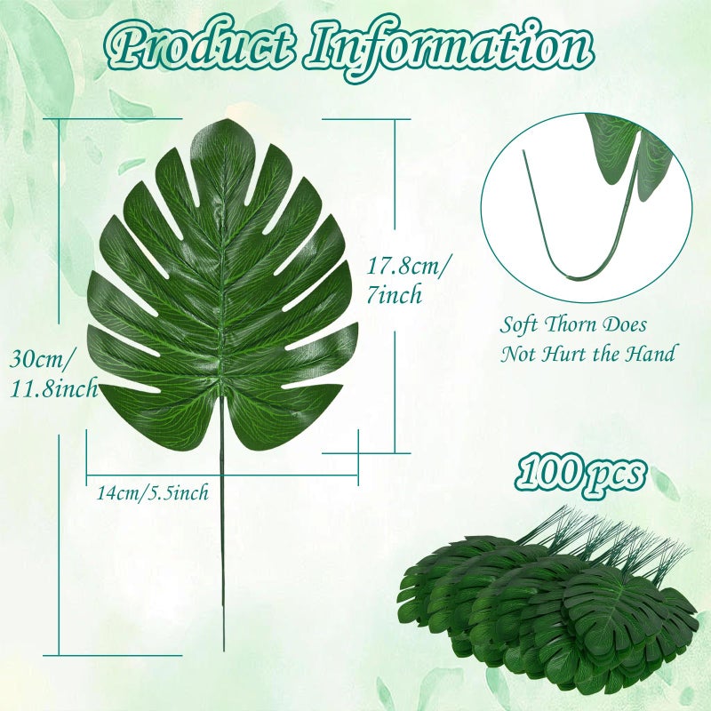 XONOR 100Pcs Artificial Monstera Leaves Fake Tropical Faux Palm Leaves with Stem for Jungle Hawaiian Dinosaur Luau Party Table Decoration Wedding Birthday Theme Party, Leaf Size: 7''x 5'' - Image 2