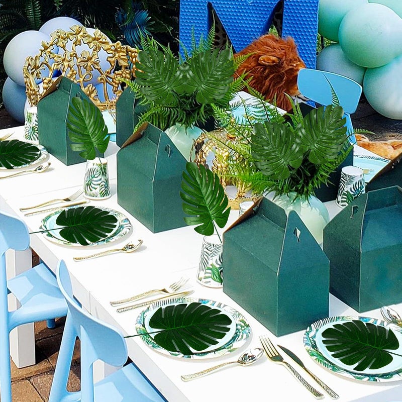 XONOR 100Pcs Artificial Monstera Leaves Fake Tropical Faux Palm Leaves with Stem for Jungle Hawaiian Dinosaur Luau Party Table Decoration Wedding Birthday Theme Party, Leaf Size: 7''x 5'' - Image 4