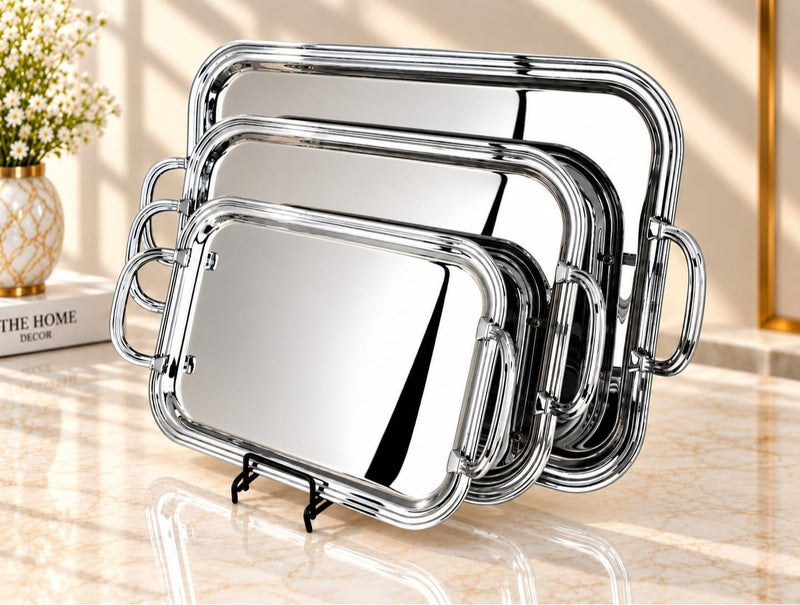 Radin 3Pcs Stainless Steel Serving Tray Set – Premium Serving Trays For Home, Majlis, Parties & Hotels | Food Tea Coffee Snack Serving Tray | Nesting Stackable Design | Durable & Rust-Resistant | Easy To Clean - Image 3