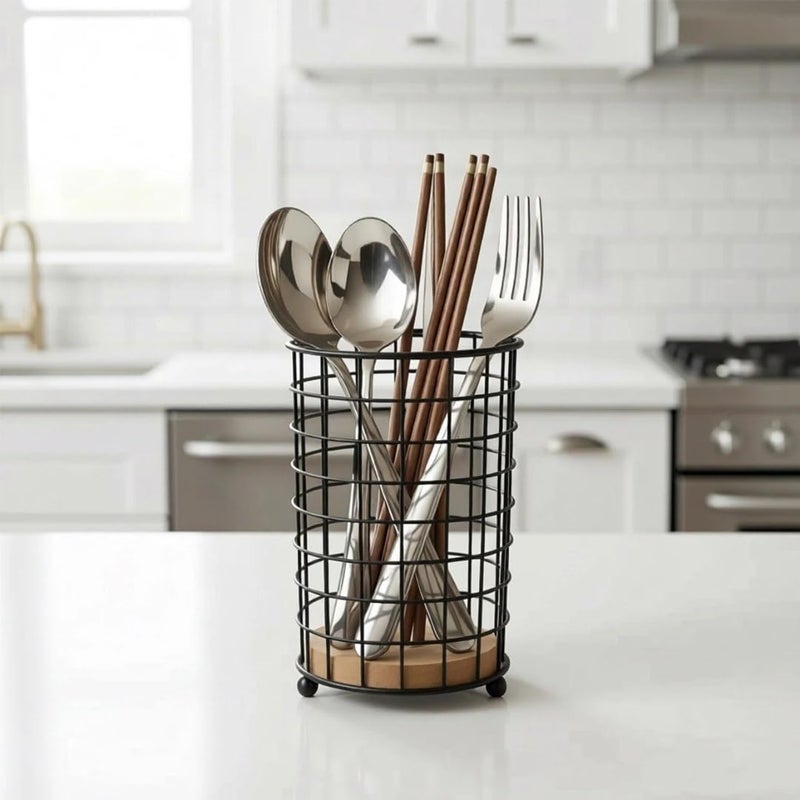 Generic Black Metal Cutlery Organiser, Cylindrical Wire Caddy with Wooden Base, Kitchen Utensil Holder, .db