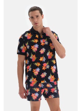 dagi Navy Blue - Pink Pique Polo Collar Floral Design. T-shirt  - Image 1