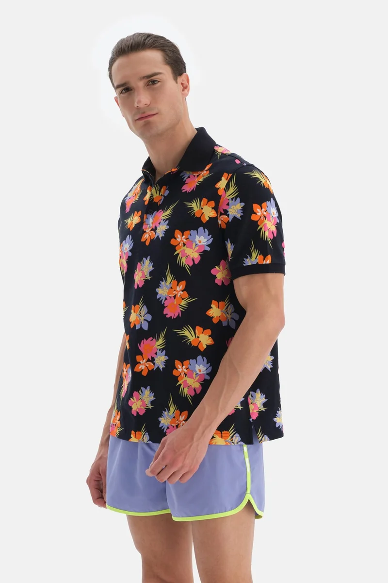 داجي Navy Blue - Pink Pique Polo Collar Floral Design. T-shirt