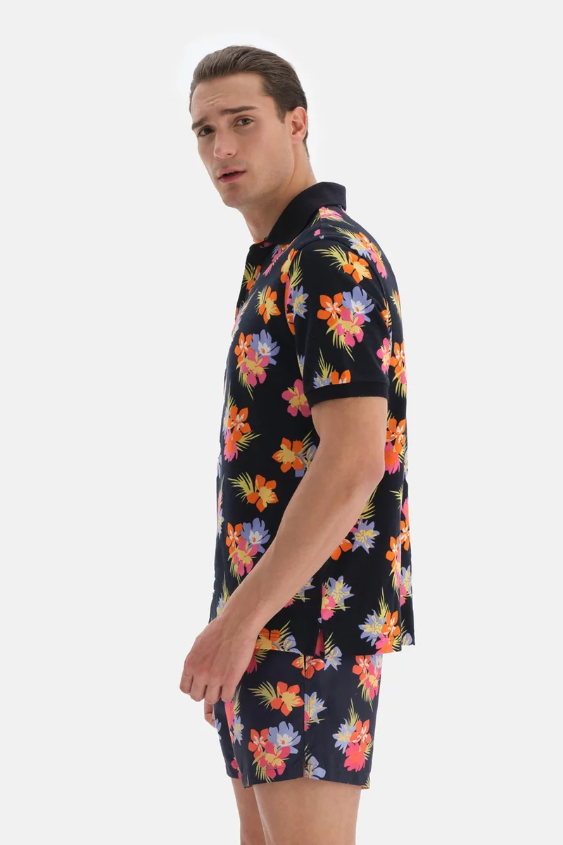 داجي Navy Blue - Pink Pique Polo Collar Floral Design. T-shirt