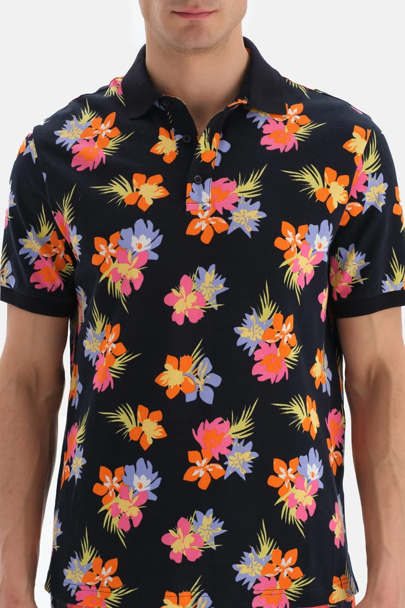 داجي Navy Blue - Pink Pique Polo Collar Floral Design. T-shirt