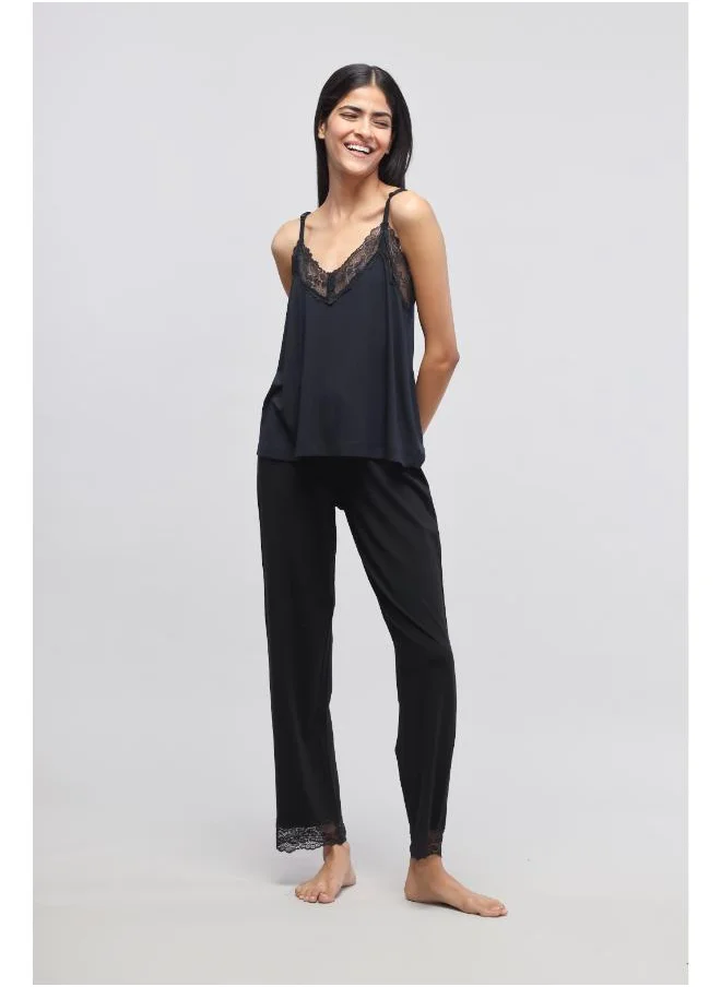 NeceSera Delicate Black Lace Pajama Set with Tank Top