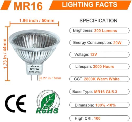 Vinaco 6 Pack MR16 Halogen Bulb 20W 12V, 2800K Warm White, Dimmable, GU5.3 Base, 300 Lumens, 3000 Hour Life, Indoor/Outdoor - Image 4