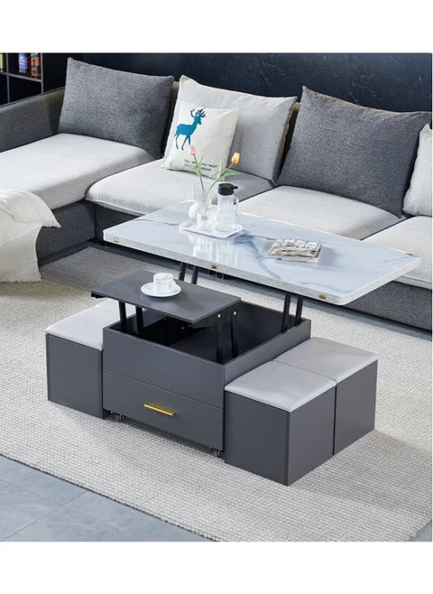 Lift-Top Coffee Table with 4 Stools,Modern Space Saving Center Table, Multi-Functional Adjustable Coffee Table with Hidden Storage Compartment