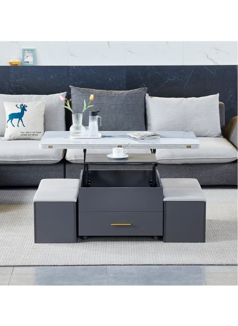 Lift-Top Coffee Table with 4 Stools,Modern Space Saving Center Table, Multi-Functional Adjustable Coffee Table with Hidden Storage Compartment