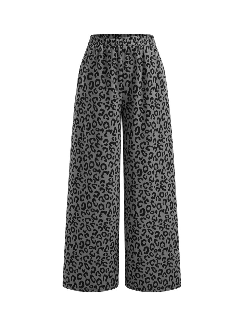 CIDER Women Leopard Print Wide Leg Lounge Pants Sweatpants Elastic Waist Casual Trousers with Pockets - Image 1