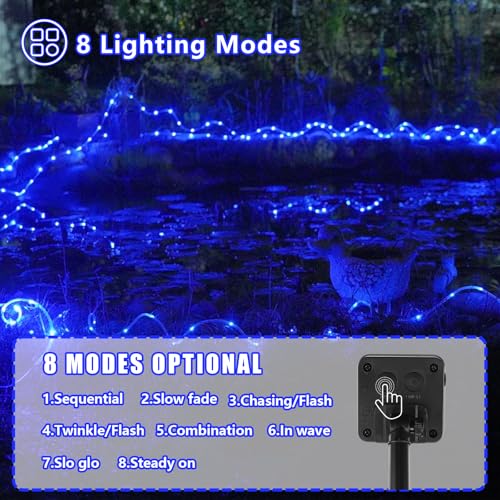 YEGUO Solar Rope Lights Outdoor Waterproof, 2 Packs Each 33ft 100 LED String Lights, 8 Modes Fairy Lights in Clear Thin Tube for Camping Fence Patio Garden Trampoline Deck(Blue) - Image 3