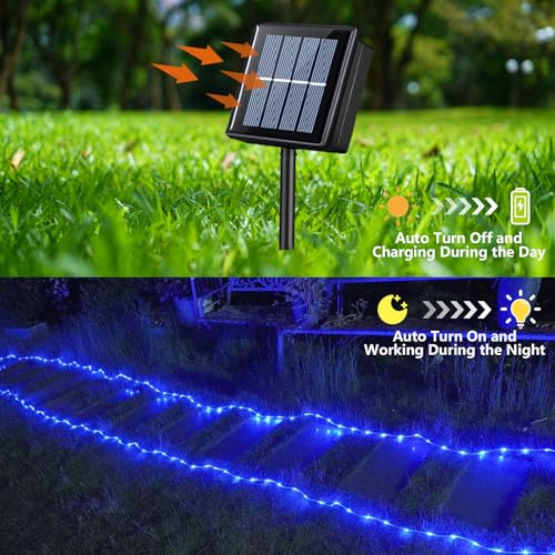 YEGUO Solar Rope Lights Outdoor Waterproof, 2 Packs Each 33ft 100 LED String Lights, 8 Modes Fairy Lights in Clear Thin Tube for Camping Fence Patio Garden Trampoline Deck(Blue) - Image 2
