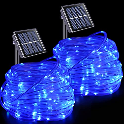YEGUO Solar Rope Lights Outdoor Waterproof, 2 Packs Each 33ft 100 LED String Lights, 8 Modes Fairy Lights in Clear Thin Tube for Camping Fence Patio Garden Trampoline Deck(Blue) - Image 1