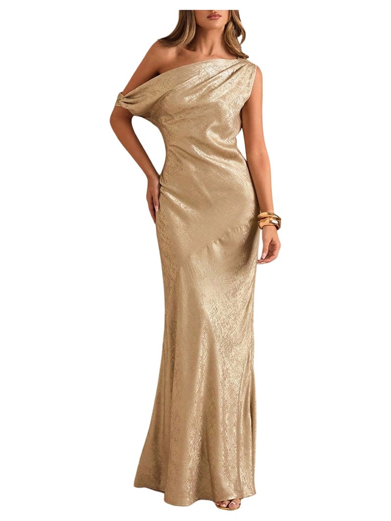 OYOANGLE Women's Metallic Off the Shoulder Bodycon Fishtail Maxi Dress Ruched Party Evening Cocktail Dresses Gold Medium - Image 1